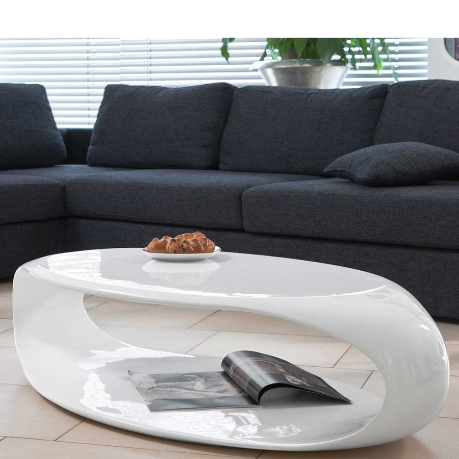 Ovaler Design-Wohnzimmertisch in Weiß Hochglanz aus Kunststoff