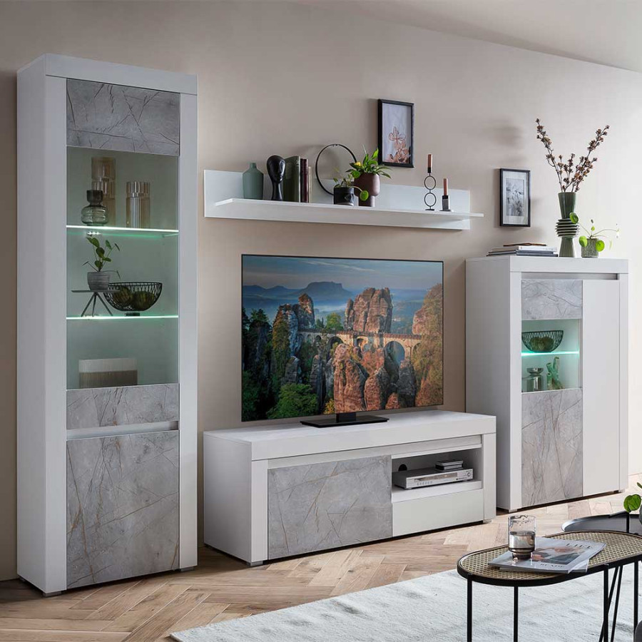 Wohnzimmerwand Wasliava mit TV Platz in Weiß & Steinoptik Grau